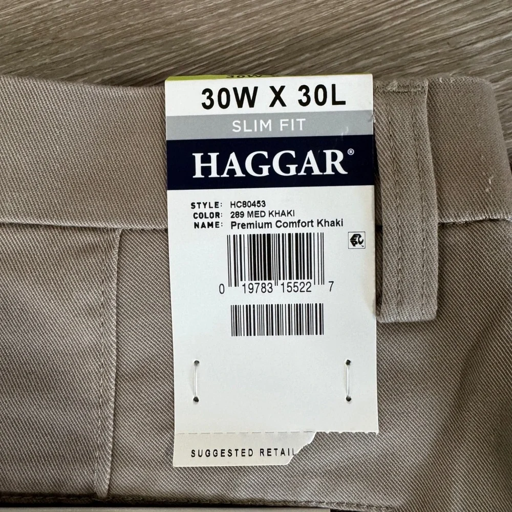 Haggar Premium Comfort Khaki Pants Mens 30x30 Med Khaki Slim Fit Stretch NWT
